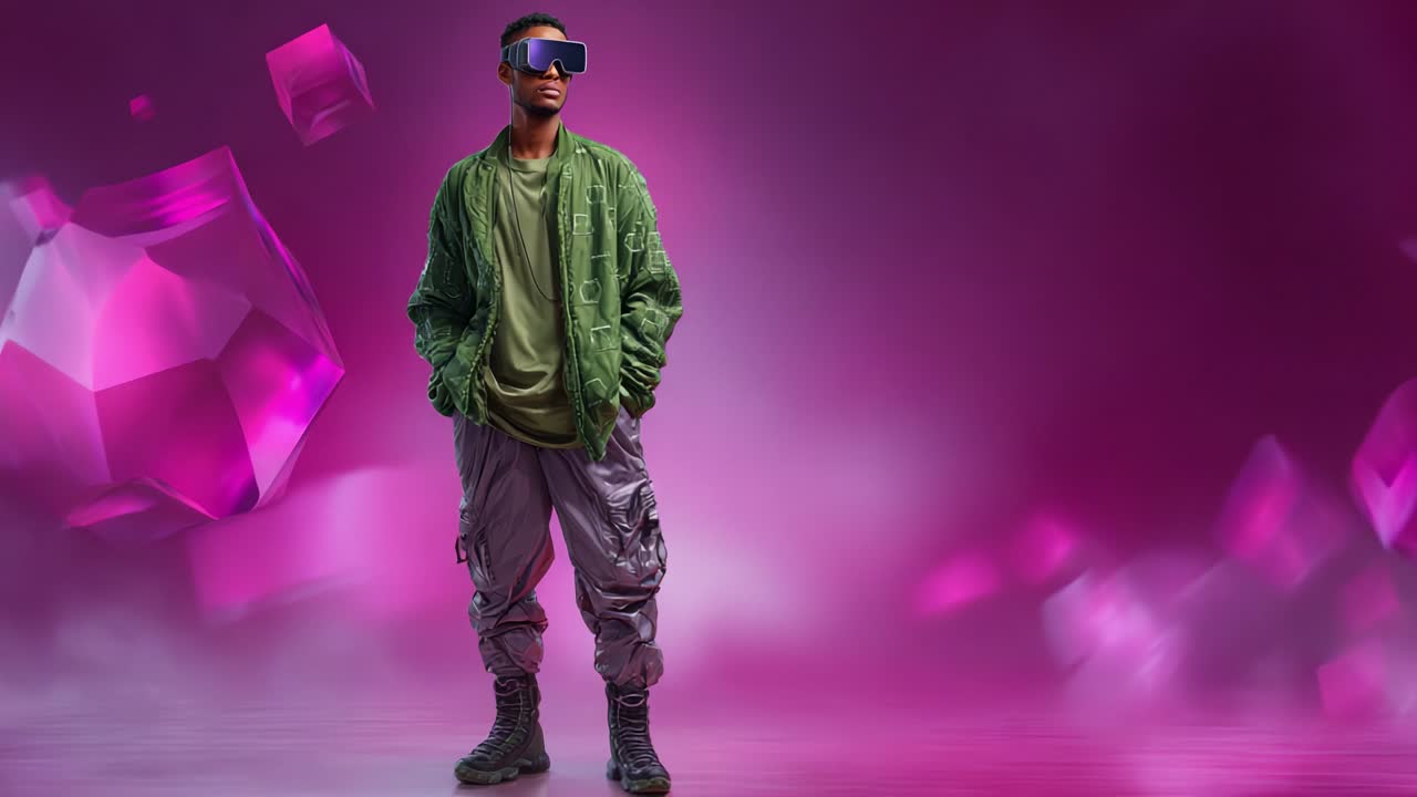 A futuristic figure stands confidently against a vibrant magenta background, exuding style and attitude while wearing retro-inspired apparel and oversized sunglasses, embodying a blend of modernity and nostalgia