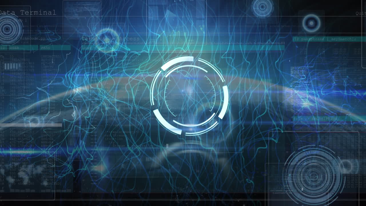Animation of round scanner over blue digital waves and data processing against globe