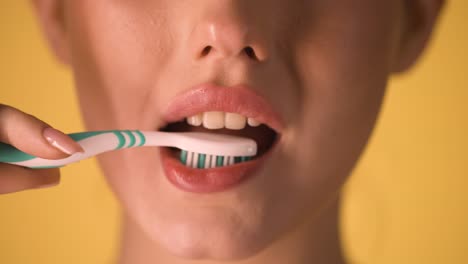 young caucasian woman brushes her teeth with toothbrush, face closeup, chroma background shot, oral hygiene