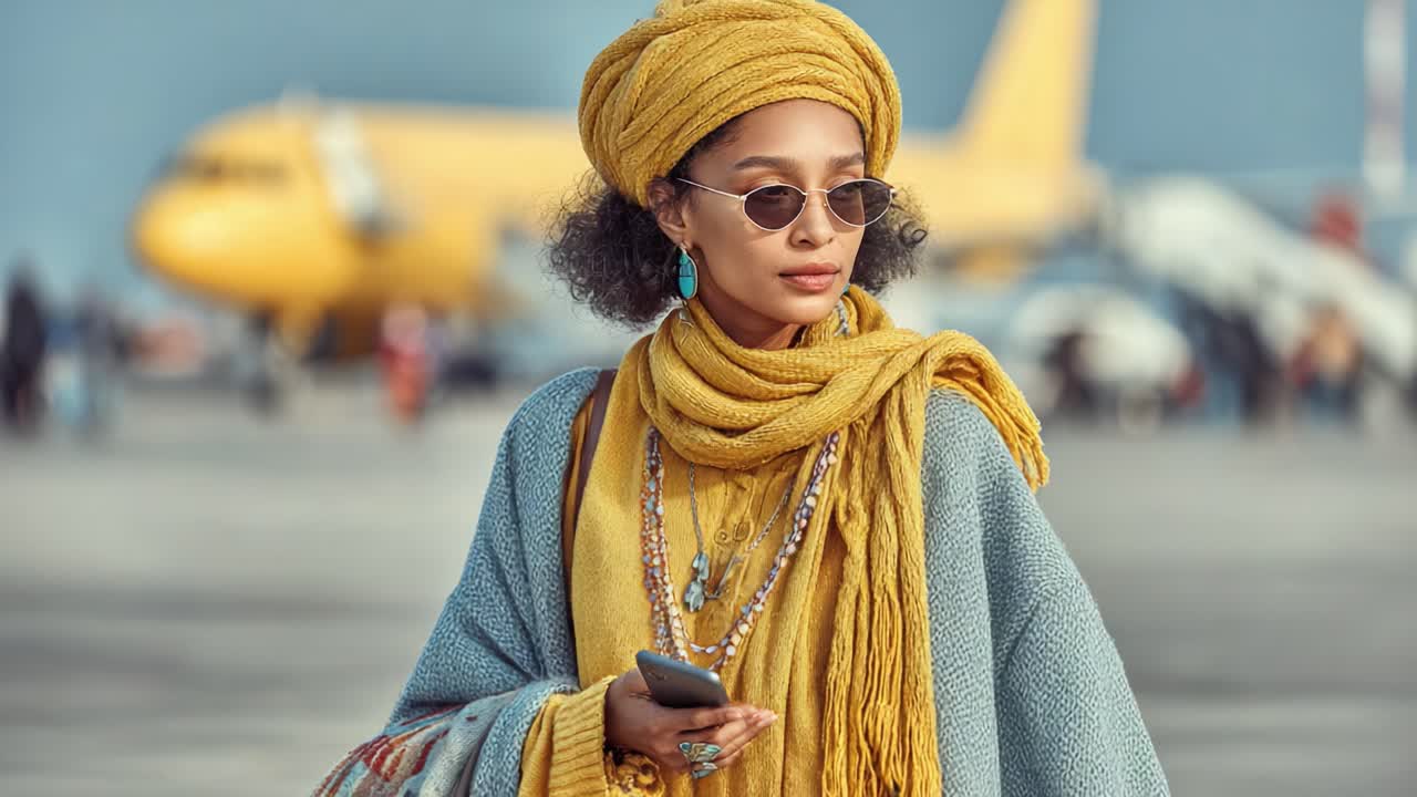A Fashionable Traveler Exudes Confidence at the Airport with a Stunning Yellow Ensemble and Chic Accessories, Showcasing Unique Style and Cultural Flair