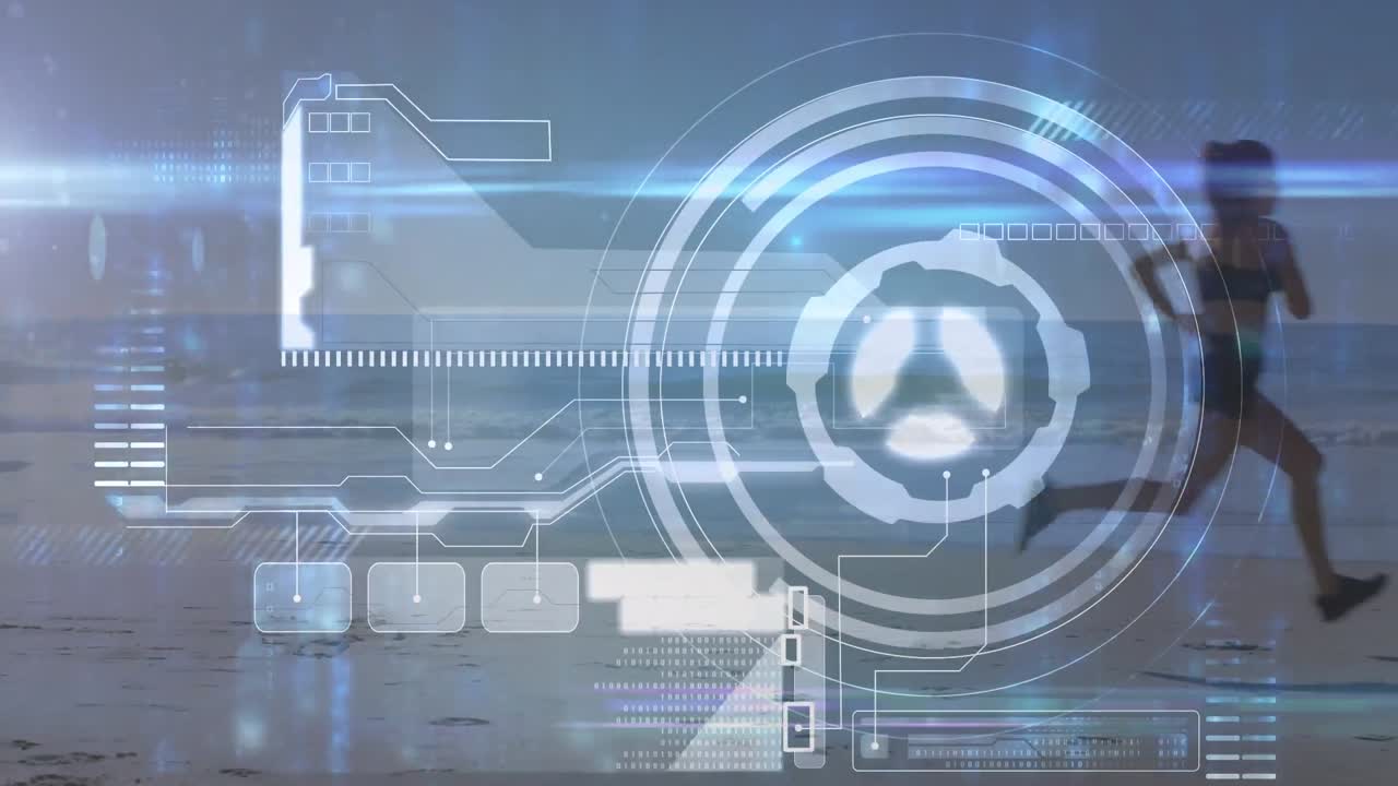 Animation of data processing over fit woman running at beach