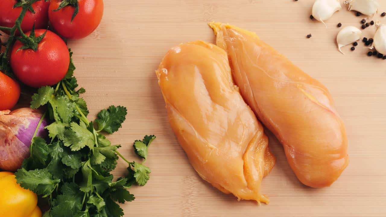 pecho de pollo crudo con verduras