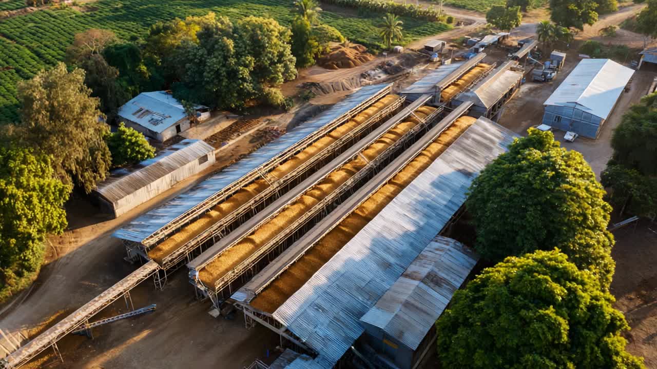 Aerial view of a farm with crops and buildings