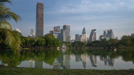 park with skyscrapers and reflection