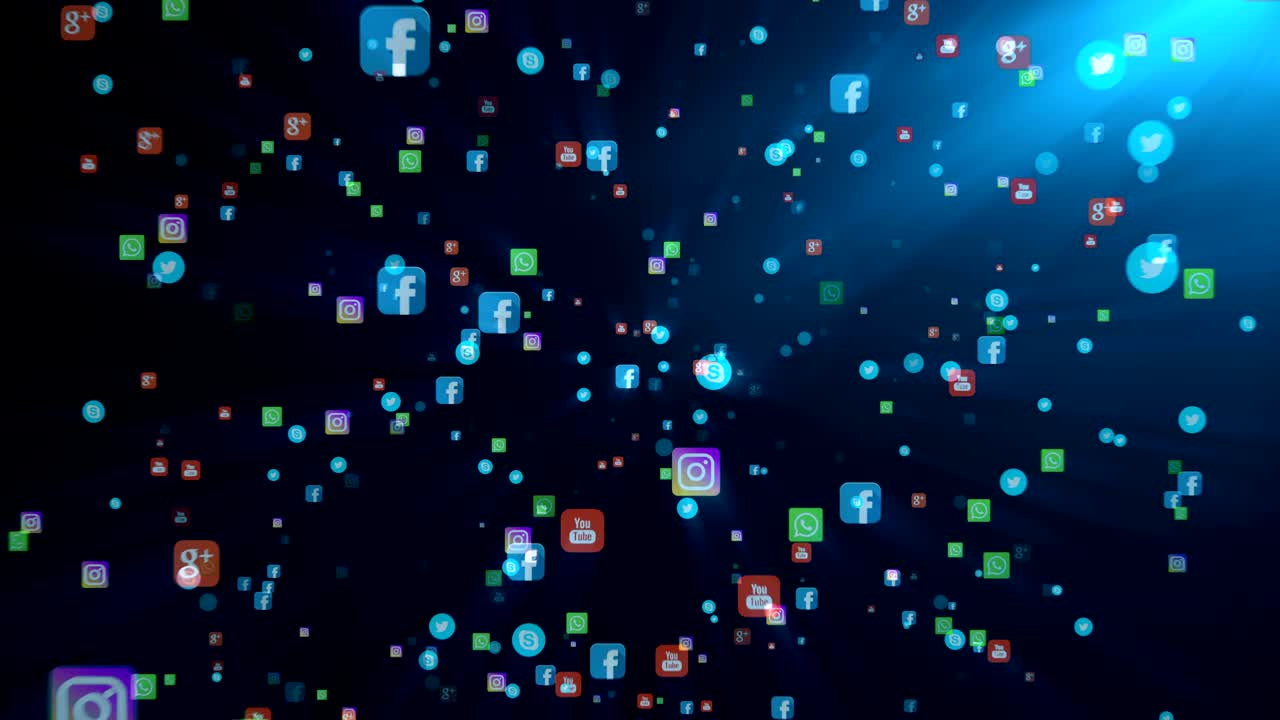 Seamless loop editorial animation on a black background. Flying banners of the most popular social media in the world, such as facebook, instagram, youtube, skype, twitter and others.