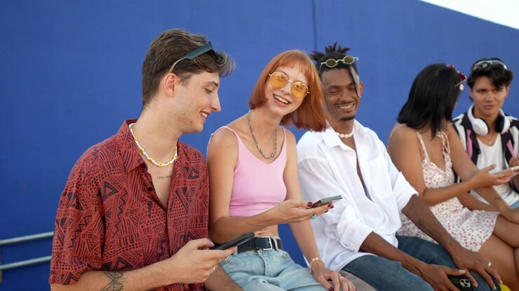 Diverse Group of Young Friends Using Smartphones Outdoors