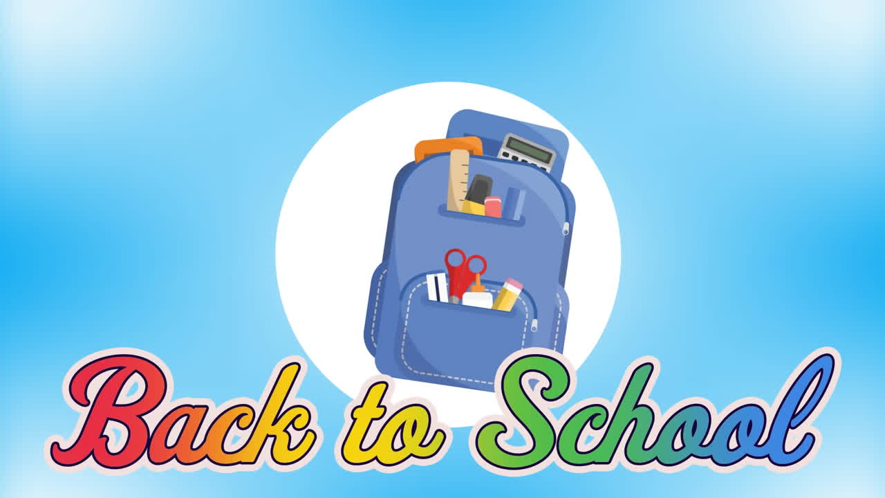 파란색 배경에 있는 학교 아이템 아이콘 위에 있는 학교로 돌아가는 텍스트의 애니메이션