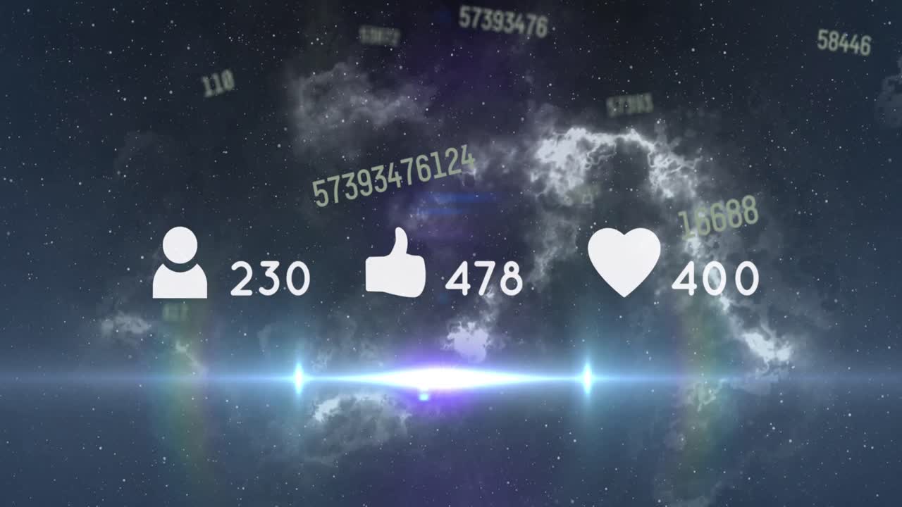 소셜 미디어 아이콘과 숫자가 구름을 배경으로 움직이는 애니메이션