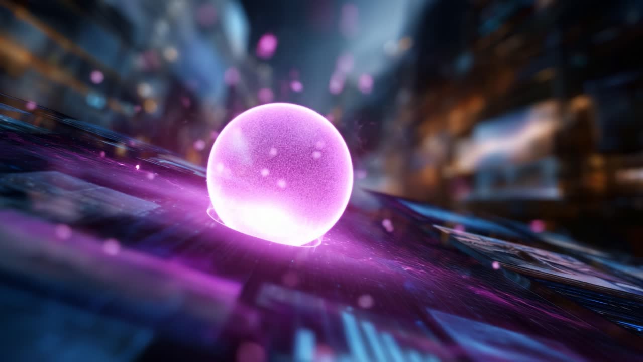 A captivating visual of a glowing pink sphere emerging from dynamic digital elements, symbolizing innovation and advanced technology in a vibrant urban landscape