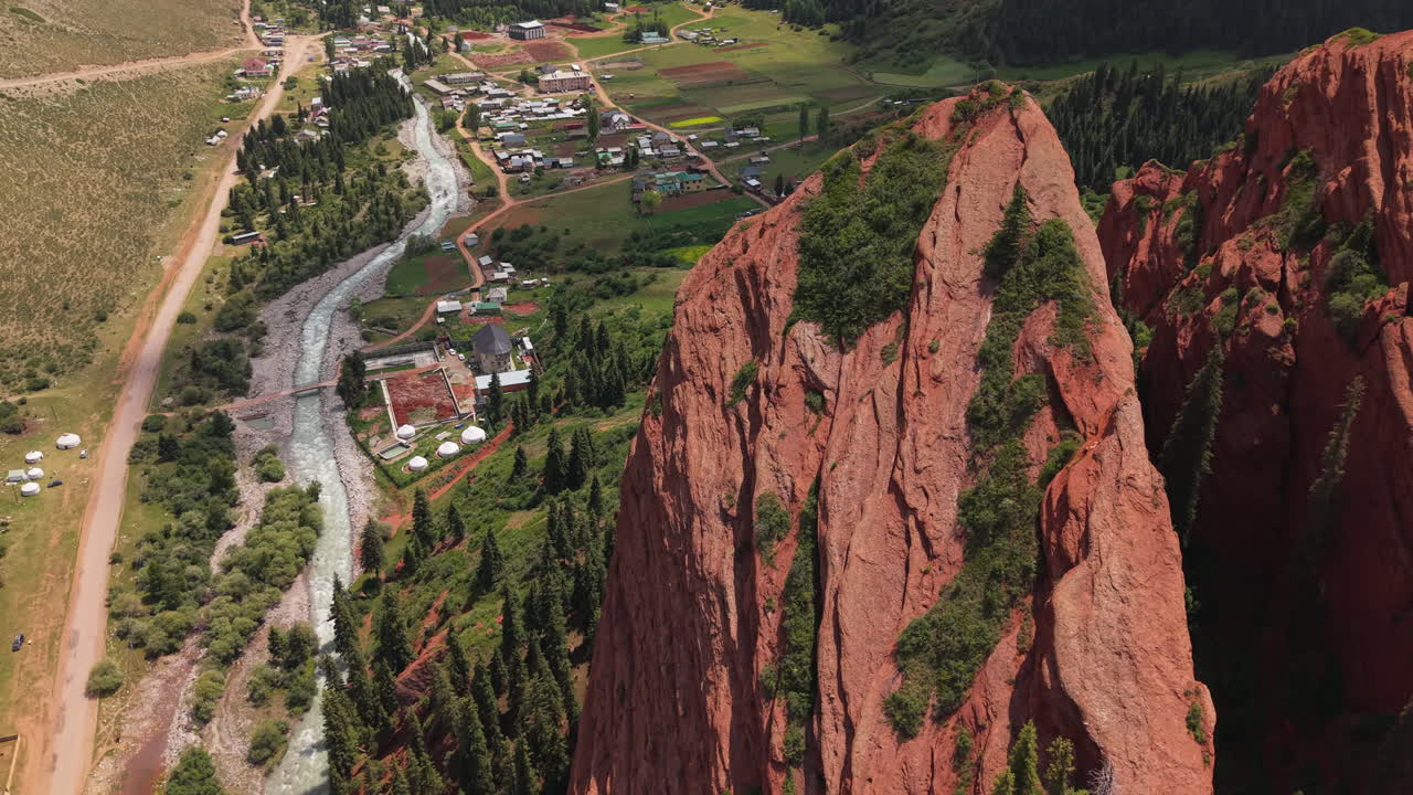 The Jeti-Ögüz Rocks Geological Protected Area In Jeti-Ögüz District Of Issyk-Kul Region of Kyrgyzstan. Aerial Drone Shot