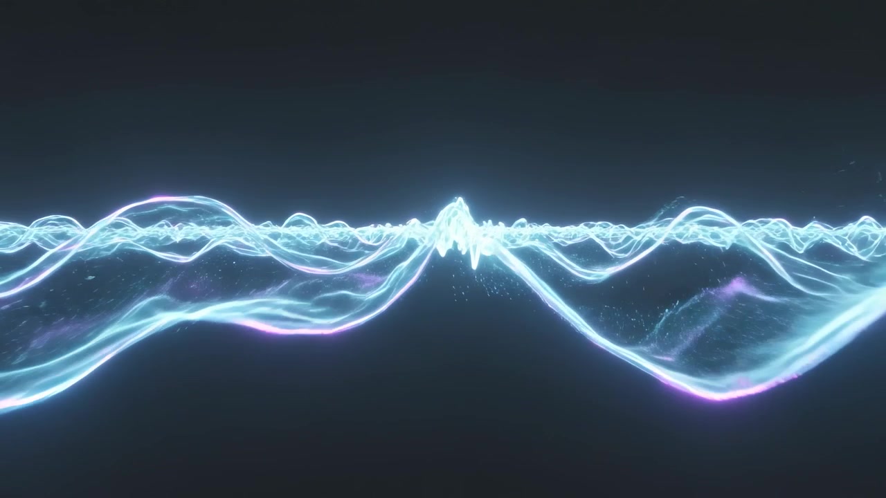 Pulsing glowing multistrand waveform moving with frames across midline, emitting sparks for data