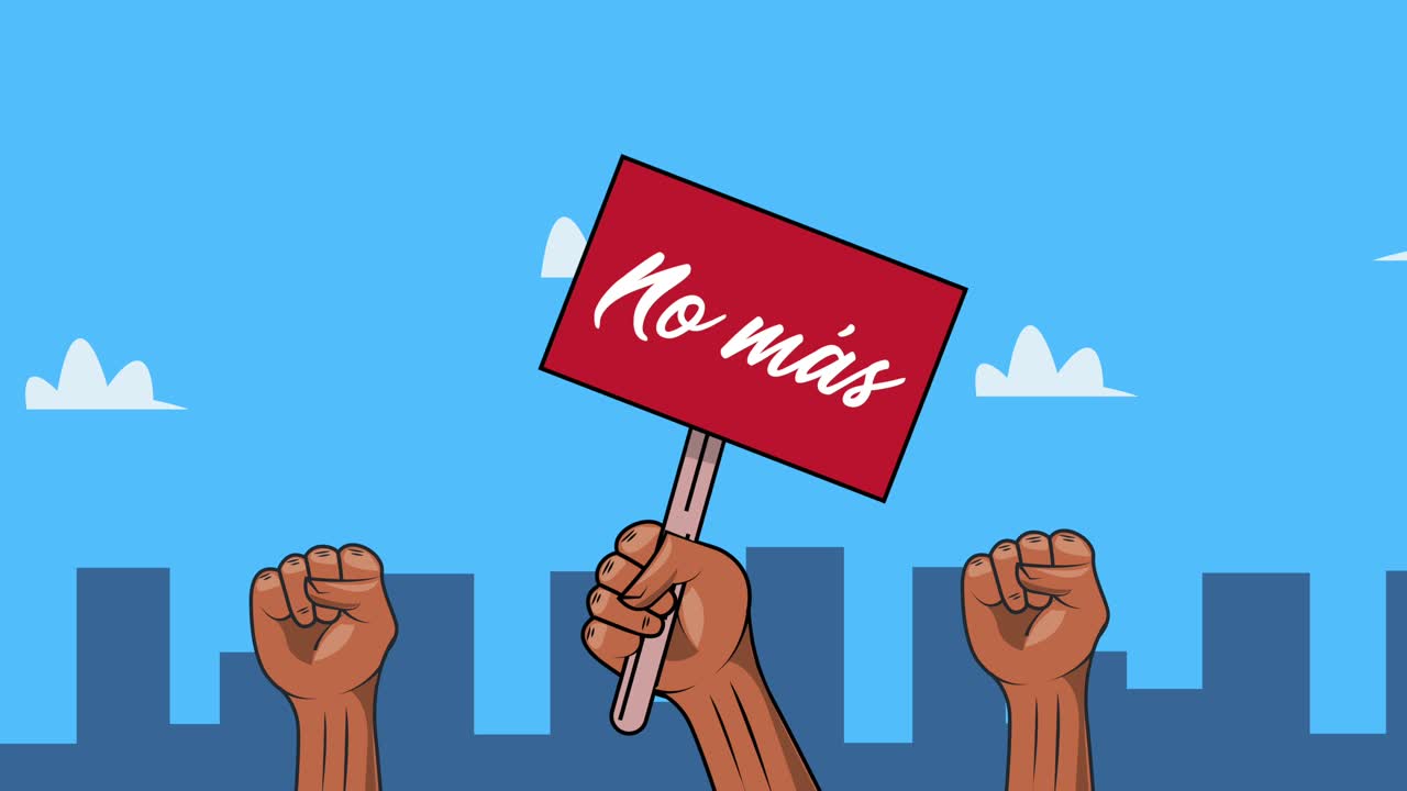 손은 마스 글자 배너를 가지고 항의하고 있습니다.