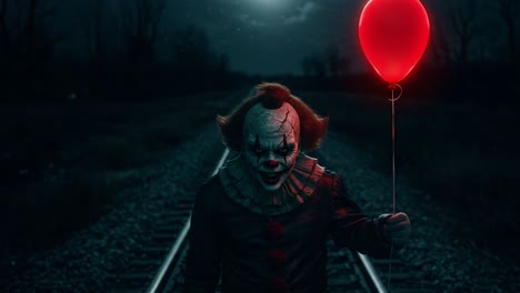a sinister clown stands alone on the railway tracks at night, holding a bright red balloon under the mysterious light of the moon, evoking a chilling atmosphere of fear and suspense