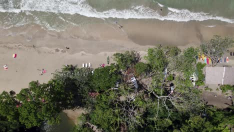 aerial birds eye view showcasing punta uva beach coastline, featuring surfboards on the sand and tropical greenery lining the shore. dolly right