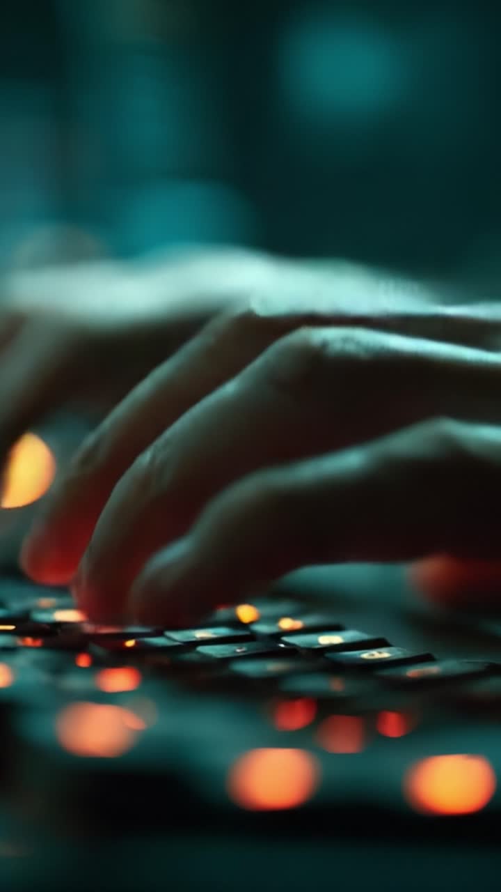 Close-up van handen die typen op een toetsenbord met gloeiende ledlampen, waarbij de intensiteit en focus van digitale interactie in een donkere omgeving worden vastgelegd