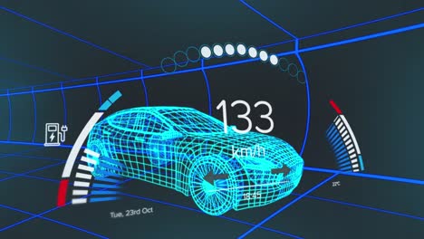 Animation-of-speedometer,-gps-and-charge-status-data-on-vehicle-interface,-over-3d-car-model