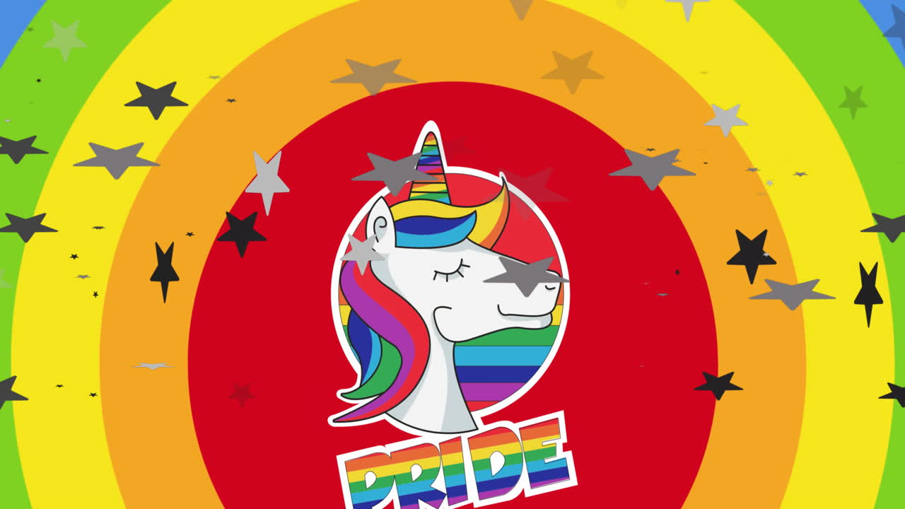 animación de orgullo texto lgbtq, unicornio y estrellas cayendo sobre el fondo del arco iris