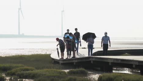 tourists strolling on the boardwalk observing the wildlife nature gaomei wetlands preservation area has to offer, beautiful mangrove tidal flat landscape, taichung, taiwan.