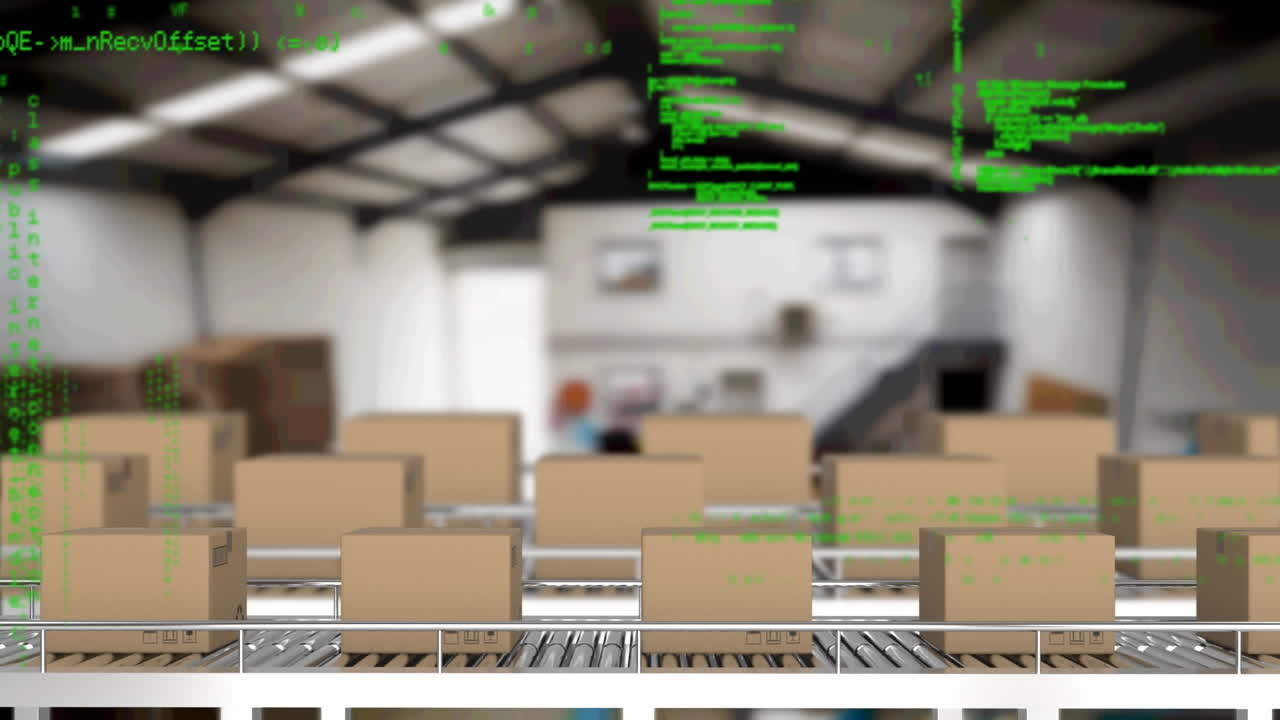 Animation af databehandling over papkasser på transportbånd i baggrunden