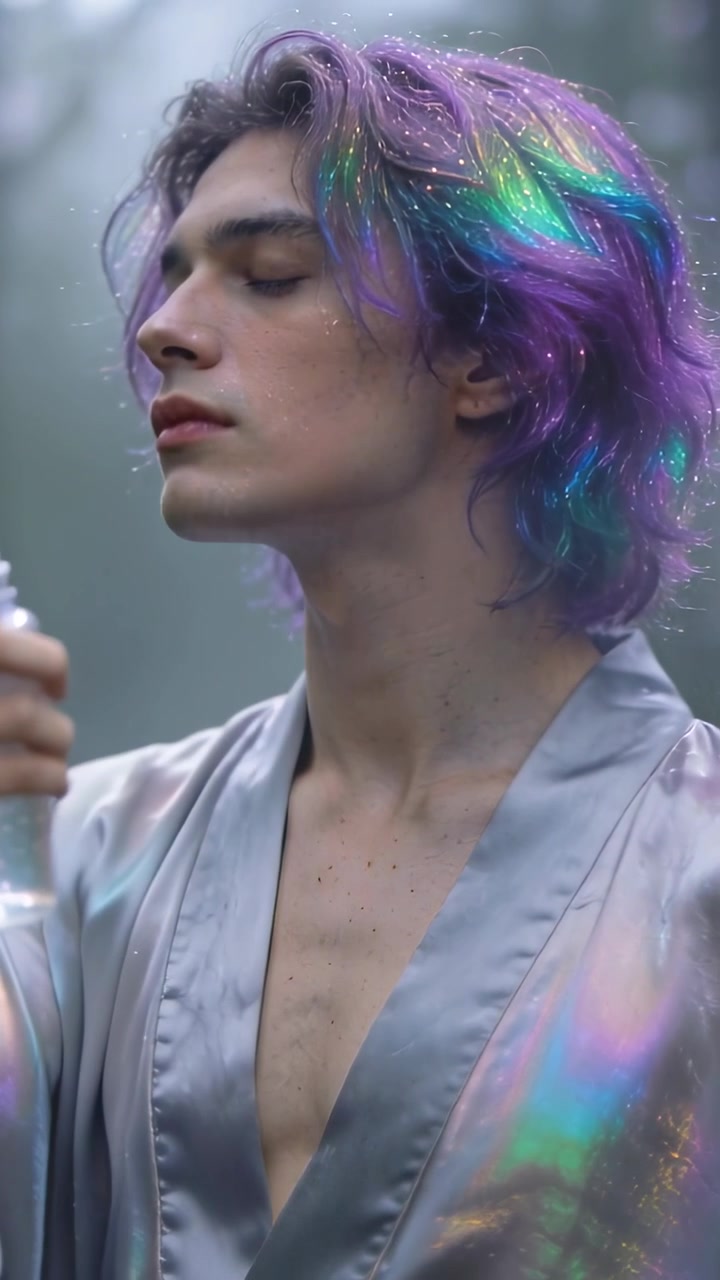 Video verticale: Modello maschile in vestaglia di raso che viene spruzzato, riceve uno spray glitterato nella nebbia, aggiungendo brillantezza.