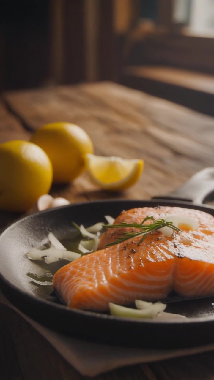 Filetto di salmone fresco in padella di ghisa con limone ed erbe aromatiche