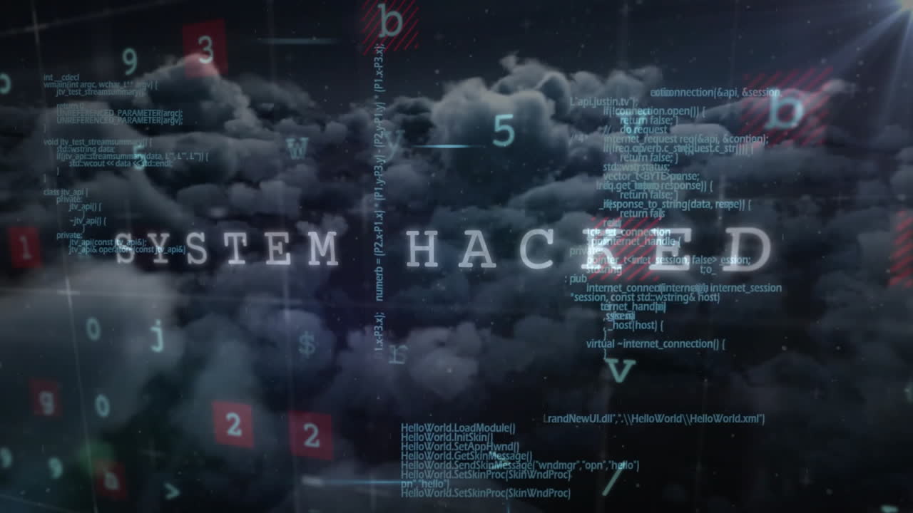 Clouds and programming code with numbers and letters animation
