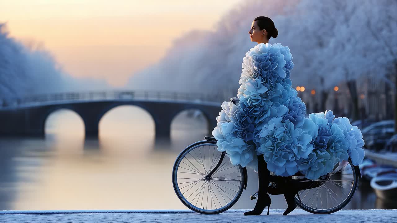 A stunning winter scene featuring a woman adorned in a breathtaking floral dress made of blue blooms, gracefully posing on a bicycle against a serene foggy canal backdrop