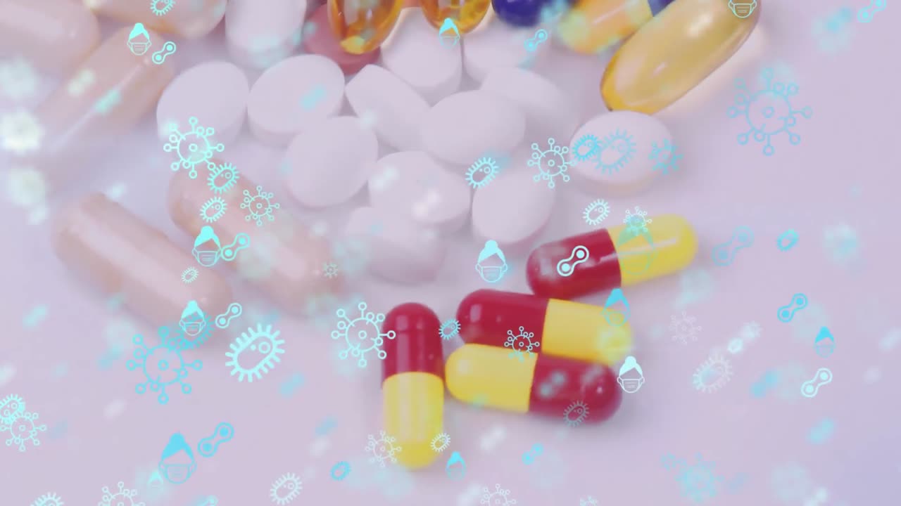 iconos de covid-19 contra píldoras que giran en el fondo