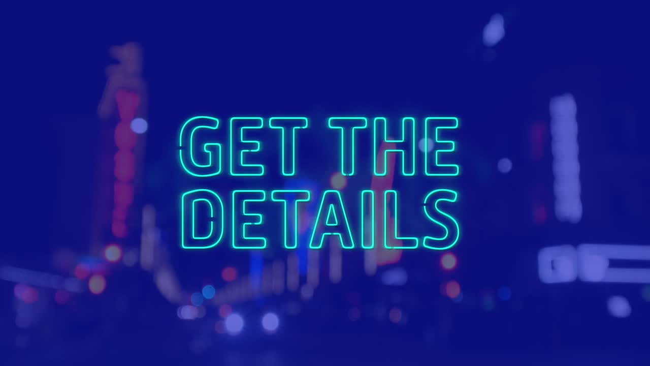 Animation of get the details text over cityscape at night on blue background