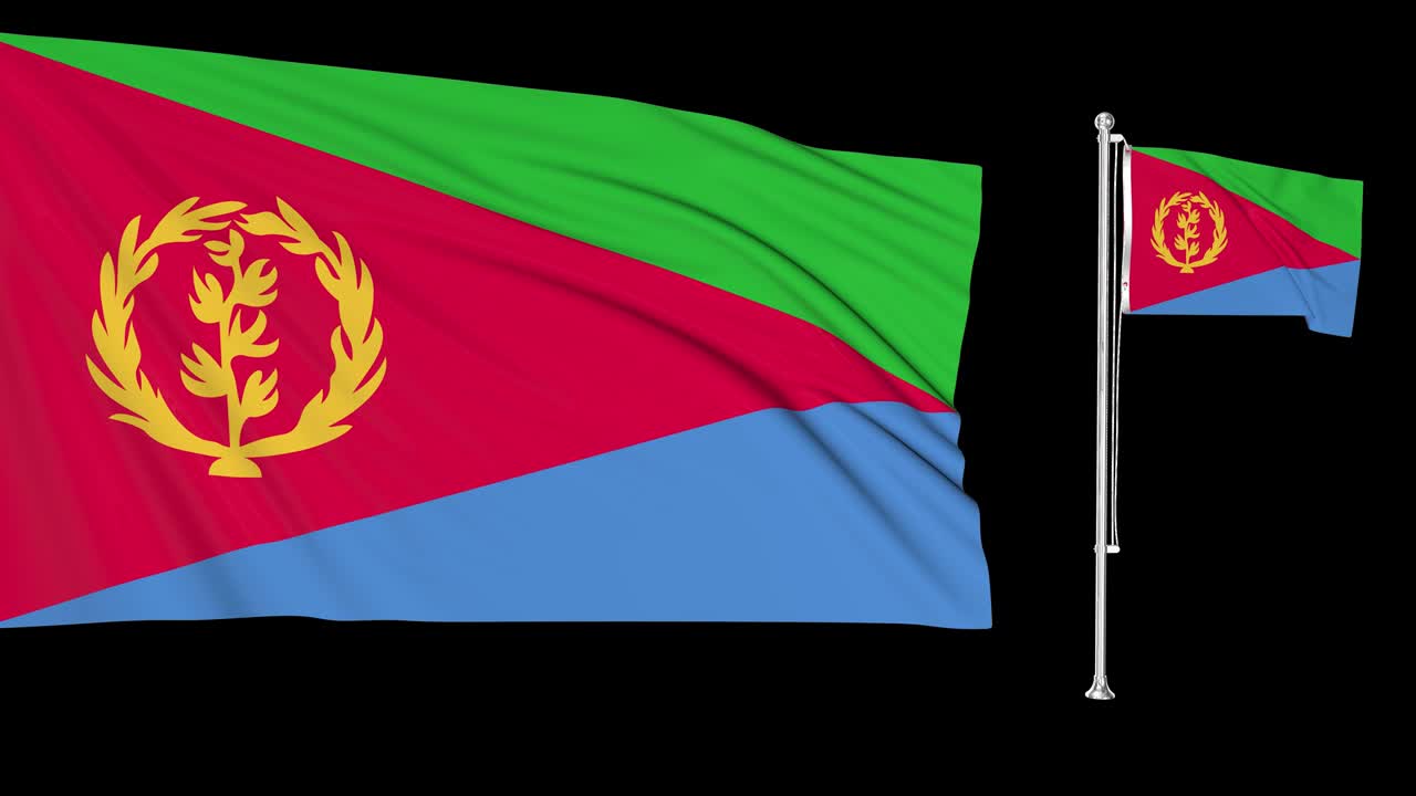 에리트레아의 두 개의 발이 바람에 흔들리는 초록색 스크린, 매우 상세한 직물 텍스처 애니메이션 4k 3d 크로마 키