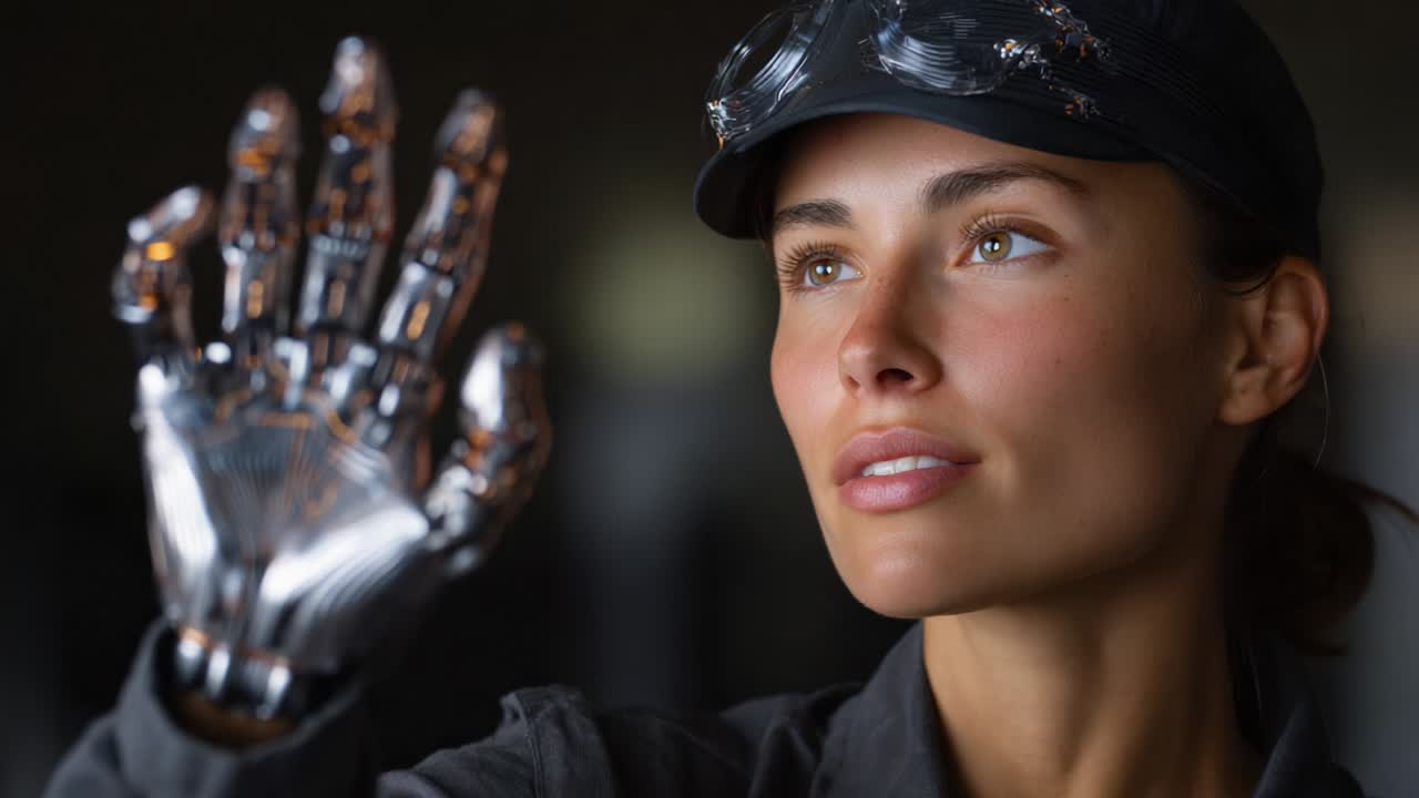A Futuristic Encounter: A Woman with a Sophisticated Robotic Hand Embracing Technology and Human Connection as She Explores the Synergy Between Humans and Machines in a Modern World