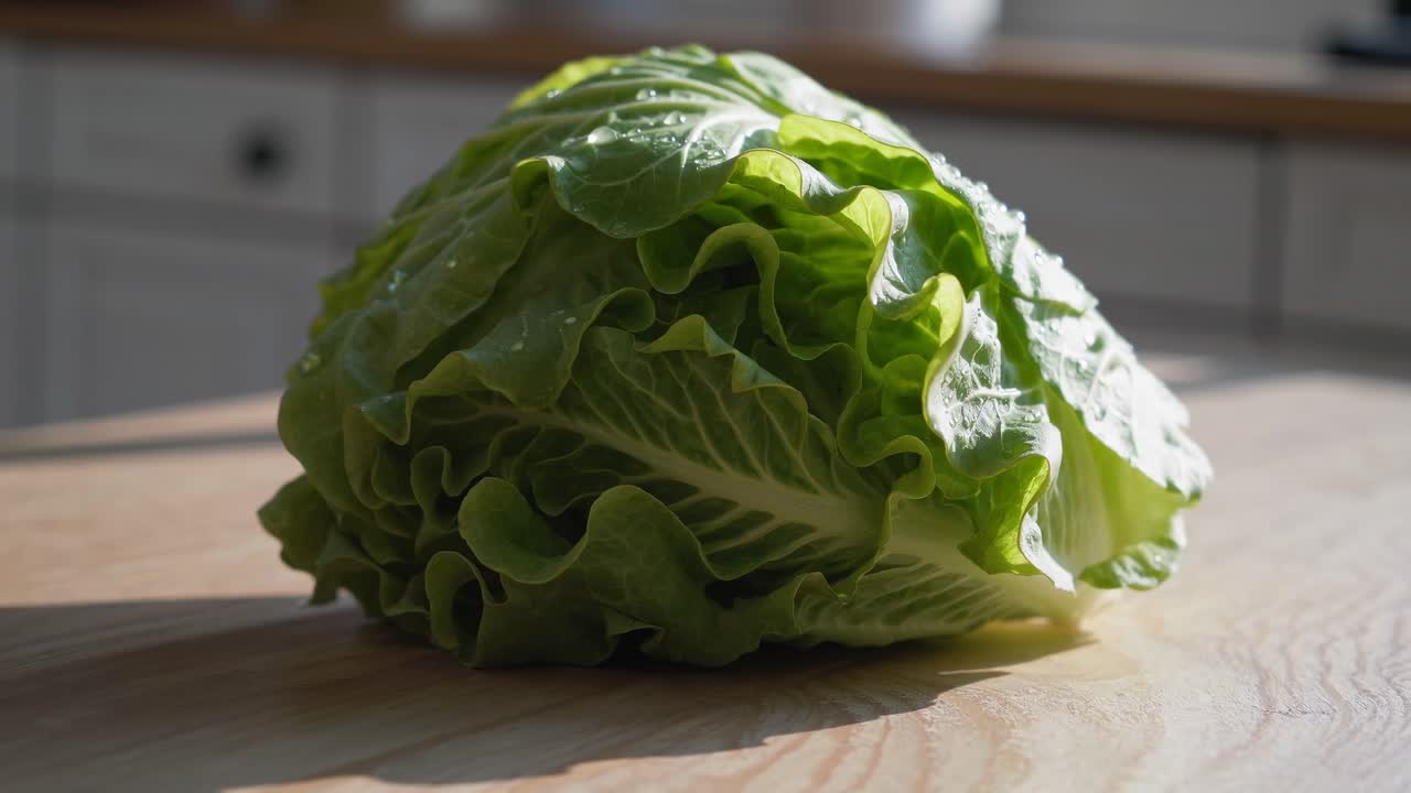 Close-up video shot of a fresh cabbage on a wooden table, capturing natural light and texture