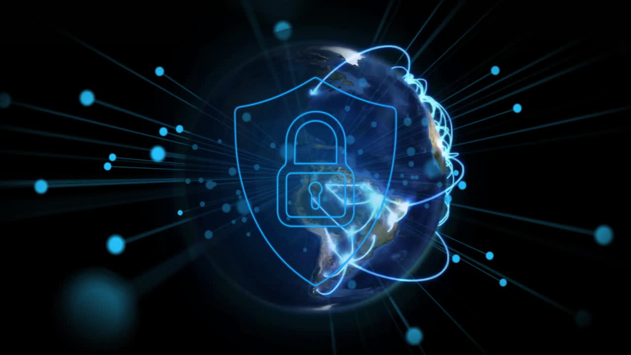 Animation of network of connections over shield and globe on black background