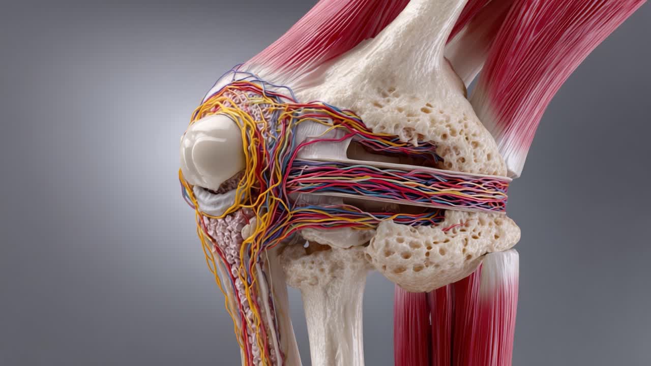 En detaljeret anatomisk undersøgelse af det menneskelige knæled, der fremhæver muskulære, vaskulære og skeletale strukturer til uddannelsesmæssige og medicinske formål.