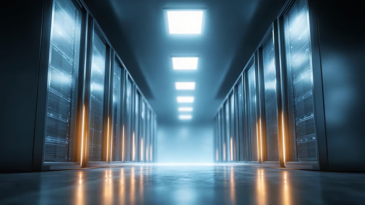 Un corridoio futuristico di un data center illuminato da luci soffuse con file di eleganti rack di server che mostrano tecnologia e architettura moderne.