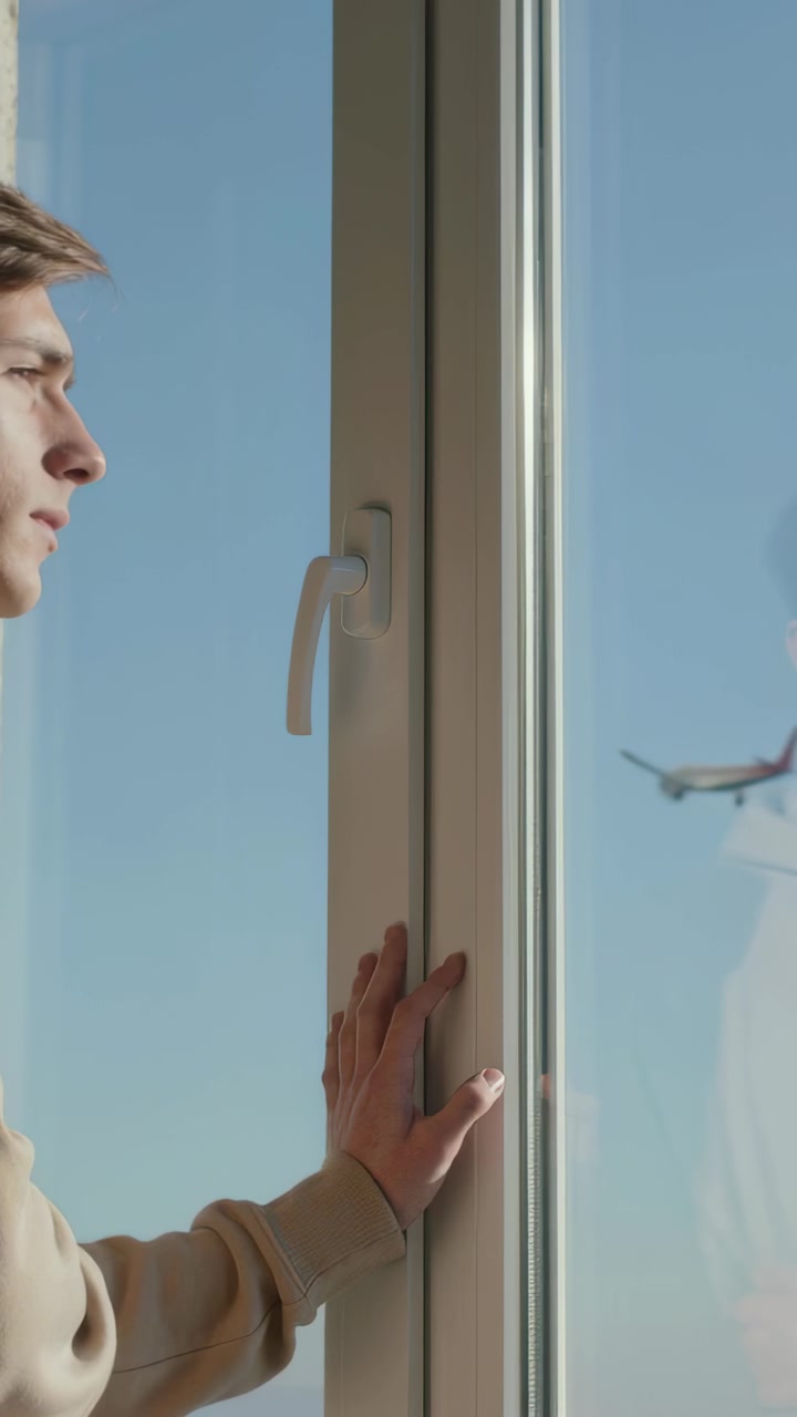 Vertical video: Standing boy in sweater hand on window at home following plane passing, copy space
