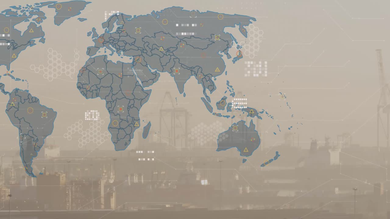 세계 지도의 애니메이션과 도시 풍경의 공중 전망에 대한 데이터 처리