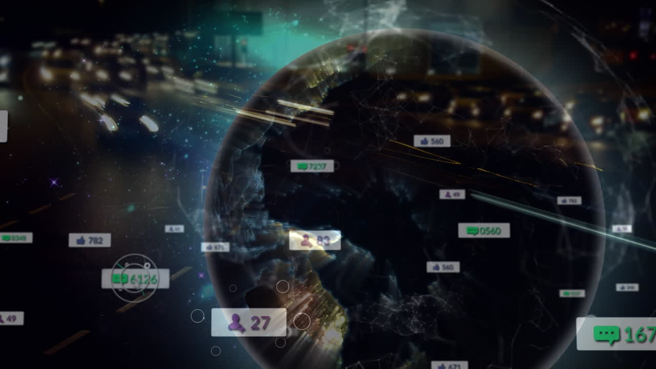 야간 도시 풍경에서 소셜 미디어 아이콘과의 연결 네트워크의 애니메이션