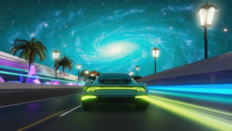a futuristic car drives on a road at night under a galaxy sky