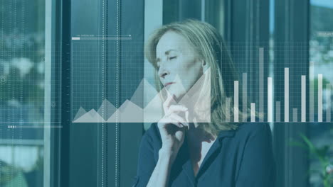 animación del procesamiento de datos financieros sobre una mujer de negocios caucásica en el cargo