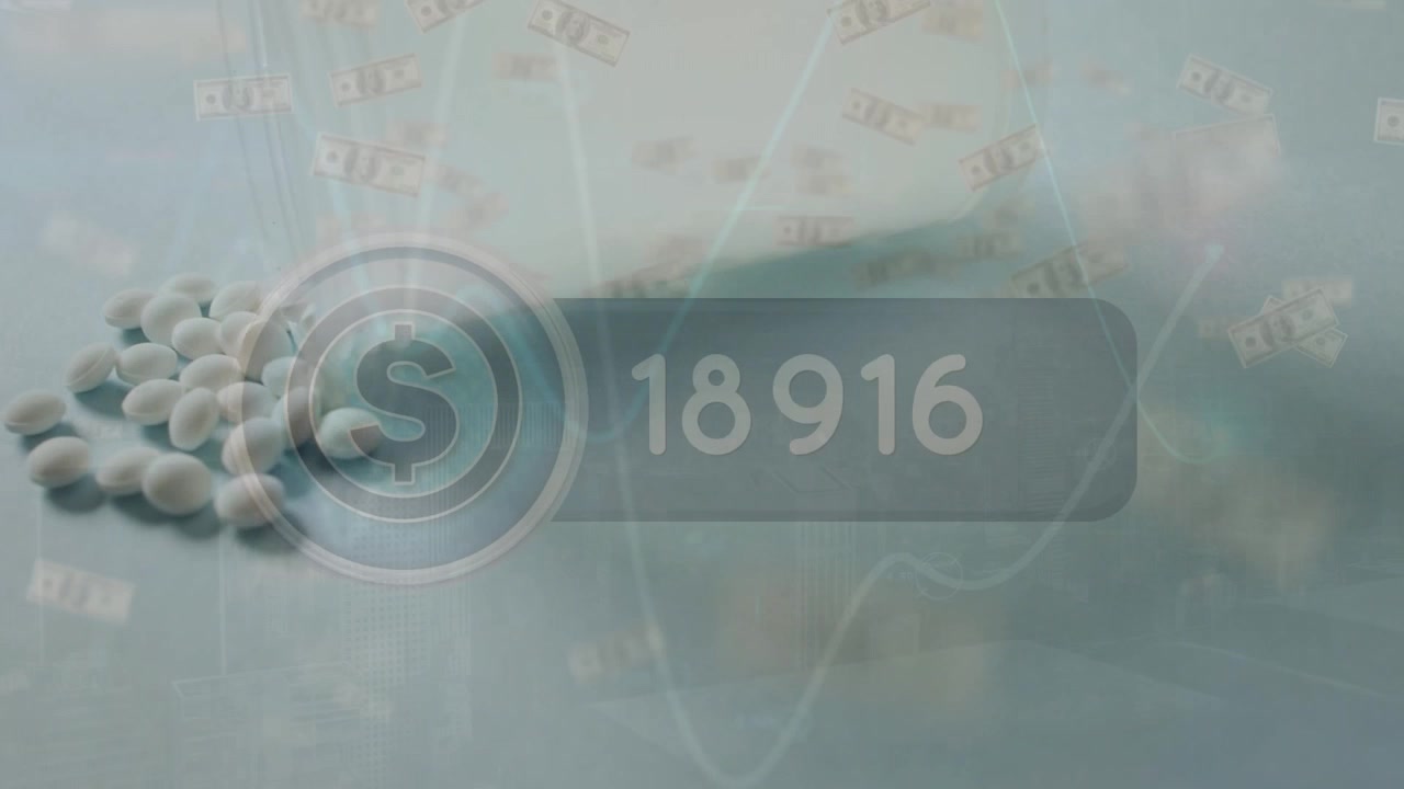 Animation of data processing and dollars over pills