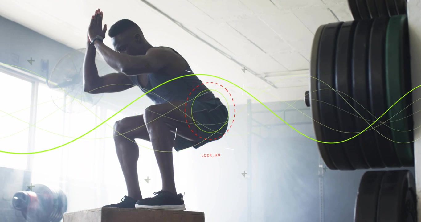 Vertical video: Man squatting, swinging, starting plyo box jumping for fitness, neon joint overlays