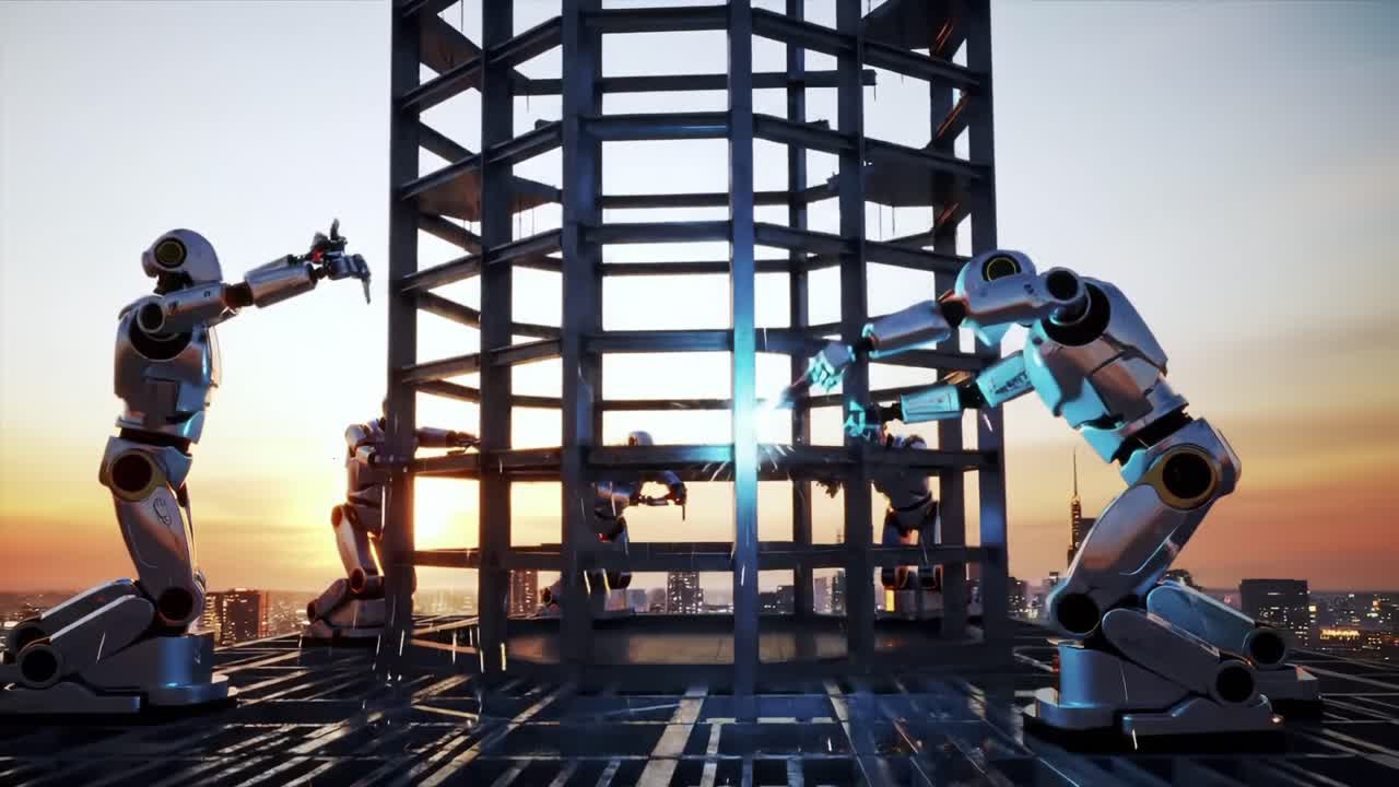 Dynamic Robot Interaction in a Futuristic Urban Skyline: A Glimpse into Advanced Robotics and Their Collaborative Abilities Under a Stunning Sunset