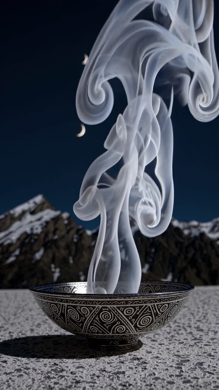 A mesmerizing video still of swirling smoke rising from an ornate bowl, captured from a low angle