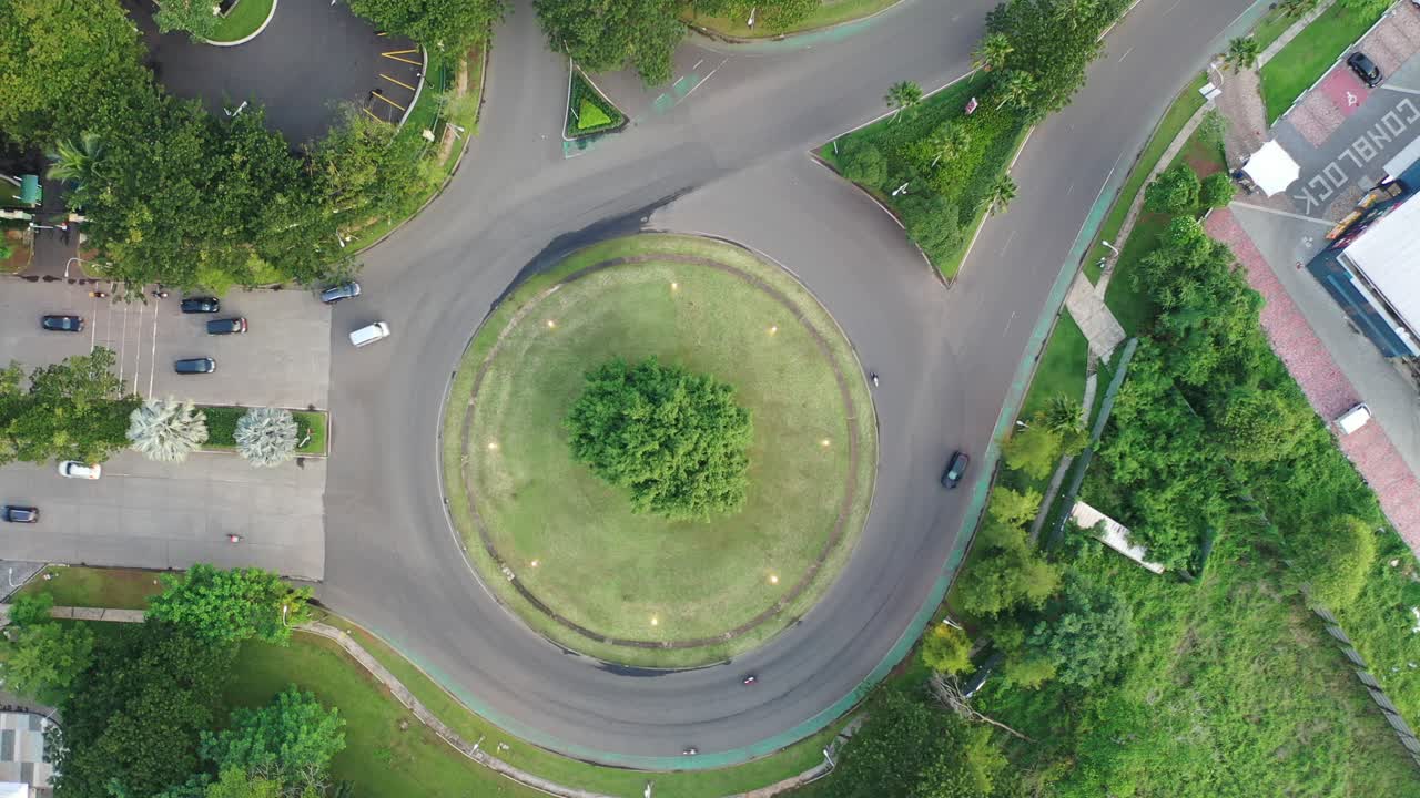 나무 와 자동차 가 있는 교차로 의 공중 사진