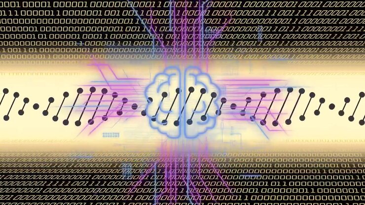 Circuitstromen verschijnen, centrale databand pulseert, hersenicoon gloeit, visualiseert neurale stroom