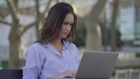 hermosa mujer caucásica sentada en el parque, trabajando en una computadora portátil