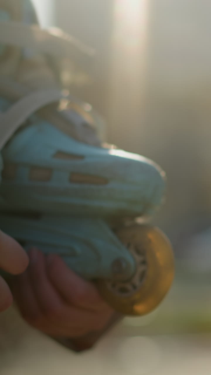 toma de primer plano de la mano de una chica sosteniendo una patineta mientras camina a través de un parque iluminado por el sol. la escena se centra en la patineta y la mano, con el fondo suavemente borroso