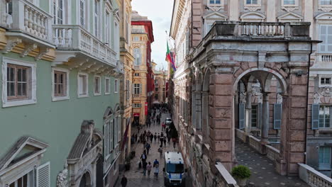 iconic genoese architecture along pedestrian street of via garibaldi, aerial