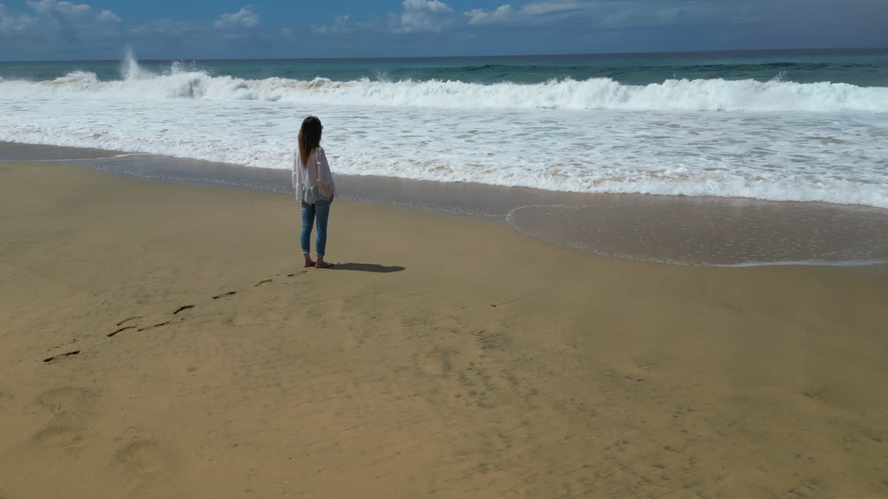 Tourist observing ocean waves on Cofete beach, Fuerteventura, Canary Islands, Spain